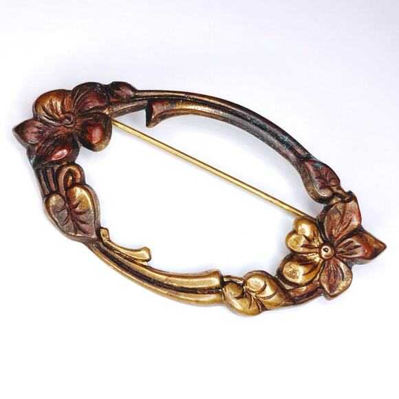 Vintage Art Nouveau Style Gold Tone Floral Revival Brooch 1940s Mid Century - Picture 6 of 9